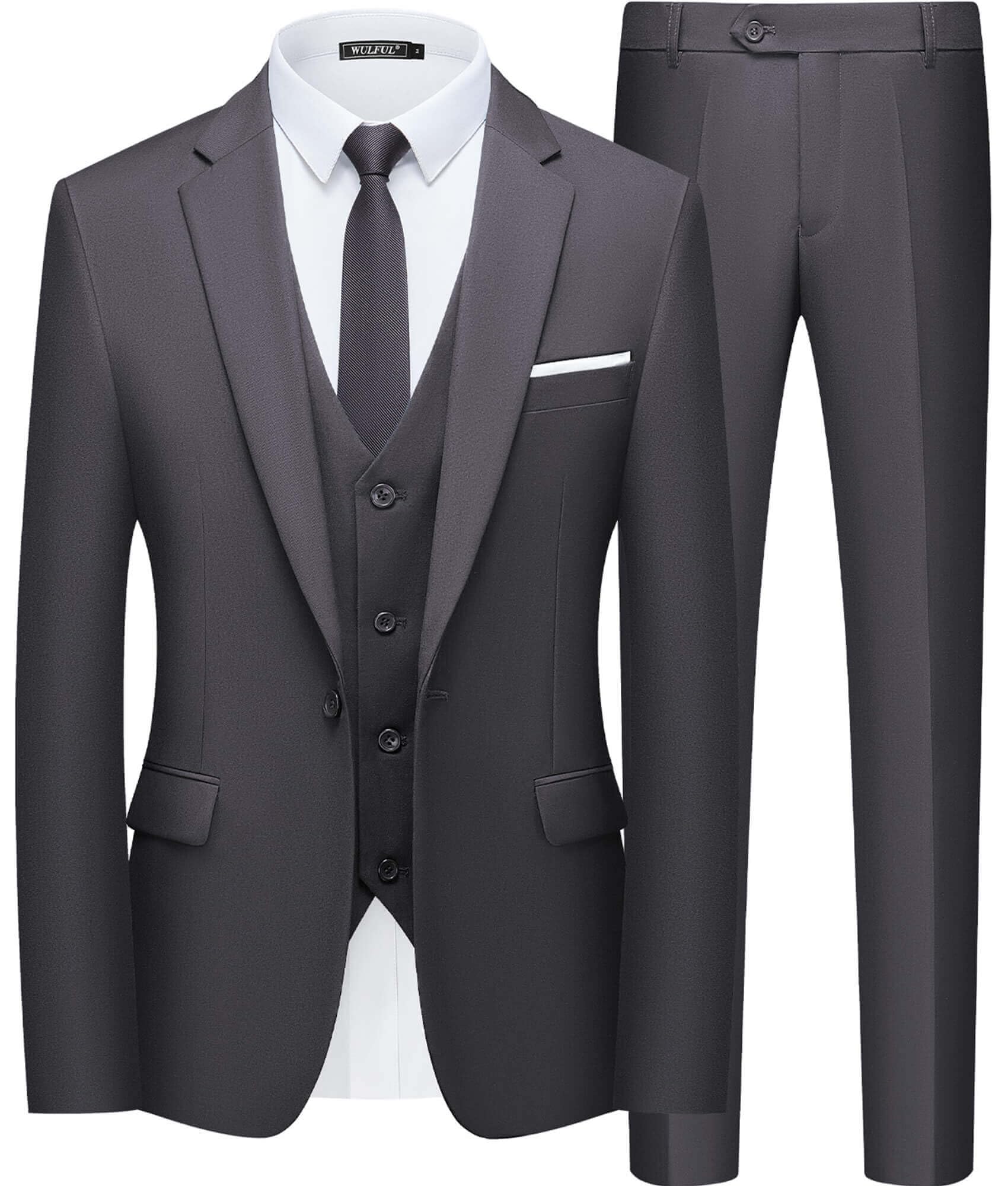WULFUL Men’s Slim Fit Suit One Button 3-Piece Blazer Dress Business Wedding Party Jacket Vest & Pant